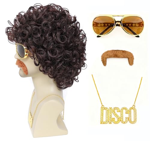 ByouByou Men's Afro Curly Wig Set with Mustache Sunglasses Necklace, 70s 80s Retro Disco Costume Kit, Synthetic Curly Wig for Halloween Cosplay Party, Dark Brown - color: Dark Brown