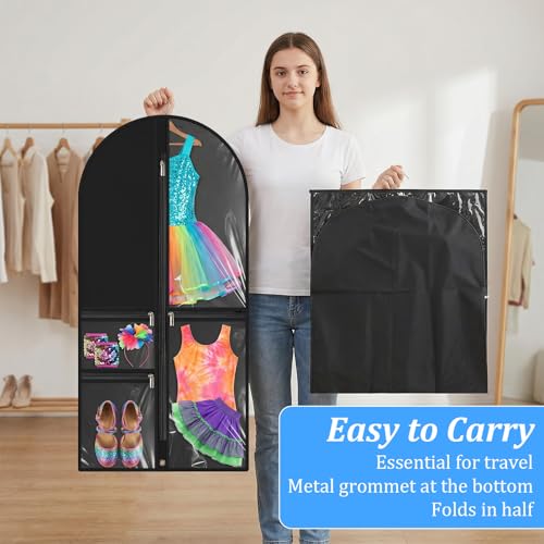 10 Pack Garment Bags for Dance Costumes, 40" Garment Bags for Hanging Clothes with 3 Clear Zipper Pocket, Waterproof Cheer Uniform Garments Bag for Dance Competition, Travel, Closet Storage (Black)