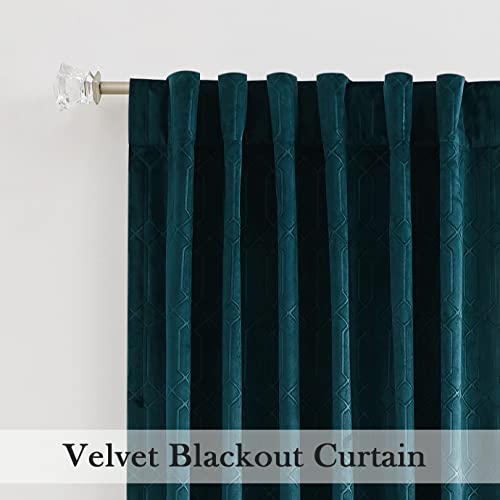 Central Park Teal Velvet Blackout Panels Window Curtain 90% Room Darkening Rod Pocket Back Tab Geometric Embossed Trellis Themal Weave Drapes for Living Room and Bedroom (52" Wx63 L, 2 Panels) - color: Teal, size: 52"W x 63"L (Pack of 2)
