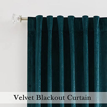 Central Park Teal Velvet Blackout Panels Window Curtain 90% Room Darkening Rod Pocket Back Tab Geometric Embossed Trellis Themal Weave Drapes for Living Room and Bedroom (52" Wx63 L, 2 Panels) - color: Teal, size: 52"W x 63"L (Pack of 2)