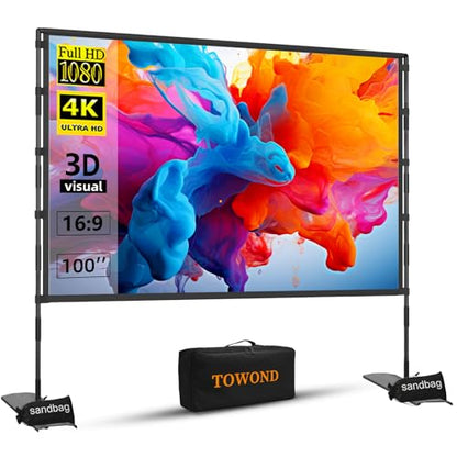TOWOND Projector Screen and Stand, 100 inch Outdoor Projector Screen Indoor, Portable Movie Screen 16:9 4K Front Rear Projection Screen with Carry Bag Wrinkle-Free Design for Home Backyard Theater