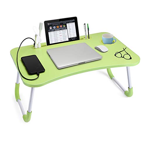 Slendor Foldable Lap Desk with Cup Holder for Bed, Couch, Floor | Portable,with USB Light, Fan, Pen Holder,Tablet Holder,for Laptop,Writing,Eating, Green - color: Green