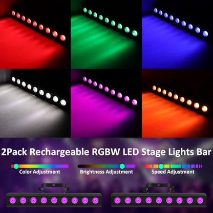 Battery Powered Stage Light Bar,2Pack 9LED RGBW 4IN1 Rechargeable Stage Wash Lights Bar Built-in 5200mAh Battery Remote Control Sound Activated DMX512 Uplights for DJ Party Stage Wedding Club