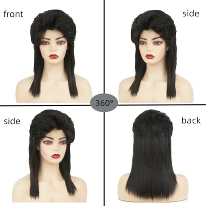 Black Mullet Wigs with Bangs for Women 80s Wigs Natural Looking Synthetic Shoulder Length Hair Cosplay Daily Wig (Black) - color: Natural Black