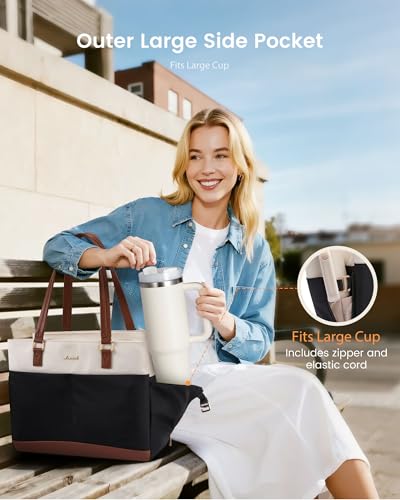 LOVEVOOK Laptop Tote Bag for Women with 40oz Large Cup Holder - color: Black-white-brown, size: 15.6 Inch