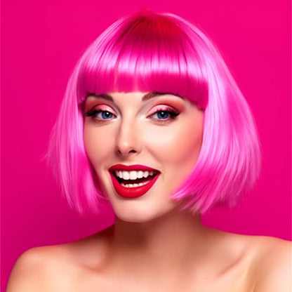 LIULIUBTY Short Bob Hair Wigs Straight with Flat Bangs Synthetic Colorful Cosplay Daily Party Neon Wig for Women + Free Wig Cap 14" Natural As Real - color: Pink