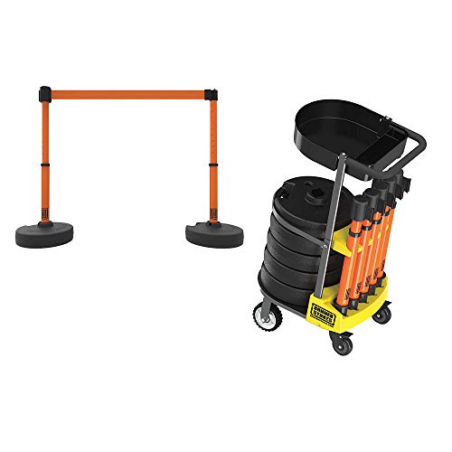 PL4000-OT Plus 75 ft Belt Barrier w/Cart Package & Tray | Mobile System, 5 Telescoping Stanchions, 15 ft Orange Blank Retractable Banners, Accessory Tray - style: Orange