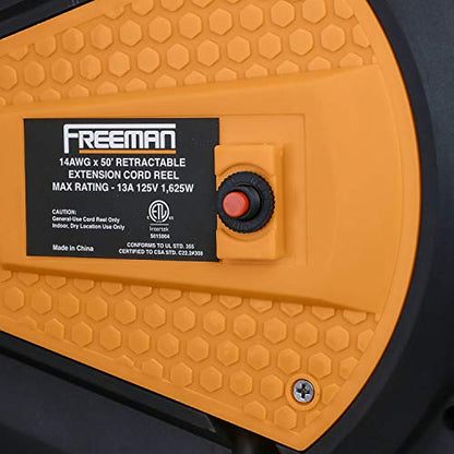 Freeman 14-Gauge 50' Retractable Extension Cord Reel | P14G50FECR | Supply Electricity to Air Compressors, Power Tools, Chargers in Workshops, Garages, and Jobsites