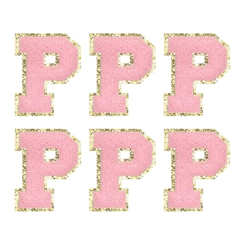 MECCANIXITY Chenille Letter Patches 2.2" Self Adhesive Alphabet P Stick on Embroidered Patch Sew on Letter Stickers Applique for Repairing Clothing Jeans Shoes Hats DIY(Pink, Pack of 6) - style: Letter-P