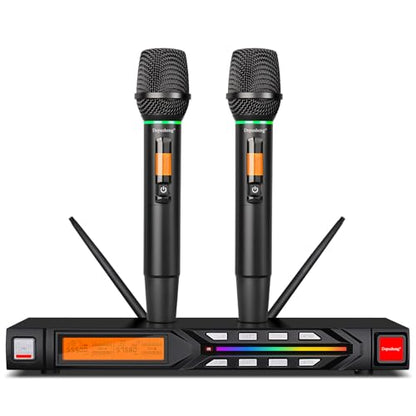 Depusheng R7 Wireless Microphone Set with Two Wireless Dynamic Handheld Microphones Receiving Range of 80 Meters Suitable for Karaoke Concert Stage