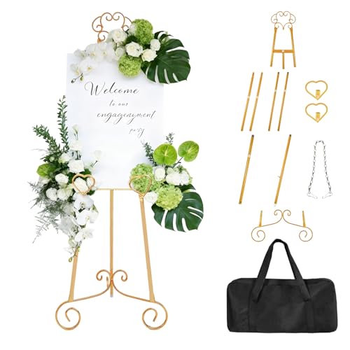 Gold Easel,Golden Adjustable Display Easel Stand with Chain for Sign, Painting, Artwork, Picture Frames, Wedding & Shower Signage and More