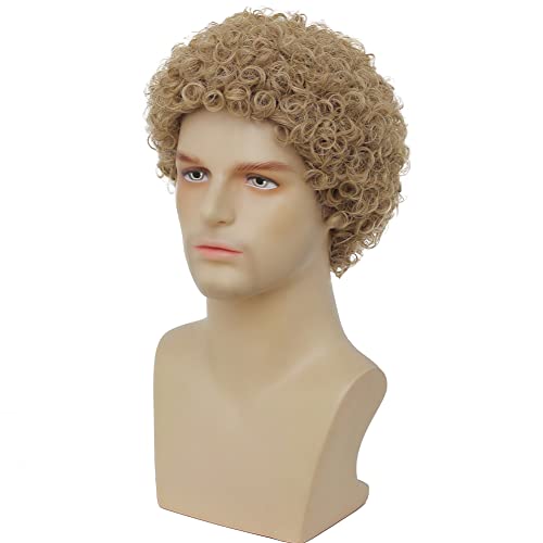 Swiking Mens Short Blonde Afro Curly Wigs Rocker Wig California Halloween Cosplay Costume Daily Male Synthetic Fibre Hair Wig (Blonde) - color: Blonde Grey