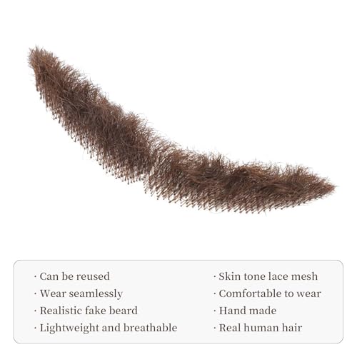 Parceria Human Hair Curly Fake Beard and Mustache, Natural Looking Costume Facial Hair, Realistic Mustache Trimmable and Customizable Beard Invisible Lace for Men (QSH Brown Beard) - color: QSH Brown Beard