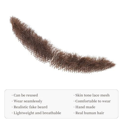 Parceria Human Hair Curly Fake Beard and Mustache, Natural Looking Costume Facial Hair, Realistic Mustache Trimmable and Customizable Beard Invisible Lace for Men (QSH Brown Beard) - color: QSH Brown Beard