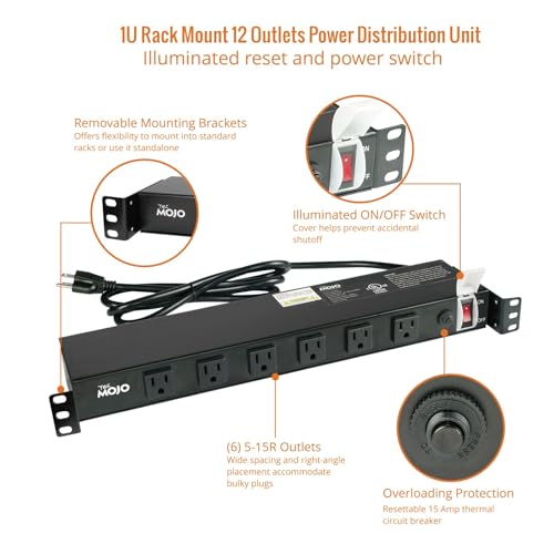 Tecmojo 1U Rackmount Network-Grade PDU, 12 Wide-Spaced Right Angle Outlets, Circuit Breaker 12A (UL Certified 12A) 6ft Cord w/ 5-15P Plug, Black - size: 12 Outlets/12A/Overloading Protection