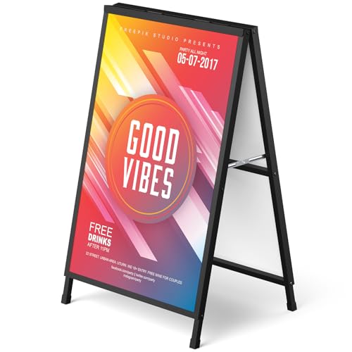 A Frame Sign 24x36 Inch Sandwich Board, Heavy Duty Double-Sided Folding Sidewalk Signboard, Slide-in Steel Metal Frame Sign Display Holder for Outdoor & Indoor Street Poster, Businesses, Advertising