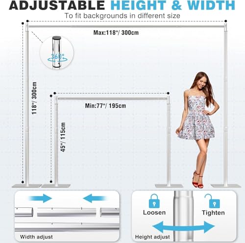 Pipe and Drape Backdrop Stand, 10x10ft Heavy Duty Backdrop Stand with Metal Base, Adjustable Height & Width, Silver Background Holder for Wedding Photography Birthday Party Baby Shower（Capacity of up to 25 lbs） - color: Silver, size: 10*10FT