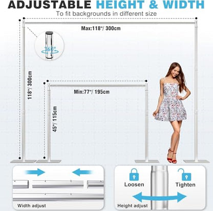 Pipe and Drape Backdrop Stand, 10x10ft Heavy Duty Backdrop Stand with Metal Base, Adjustable Height & Width, Silver Background Holder for Wedding Photography Birthday Party Baby Shower（Capacity of up to 25 lbs） - color: Silver, size: 10*10FT