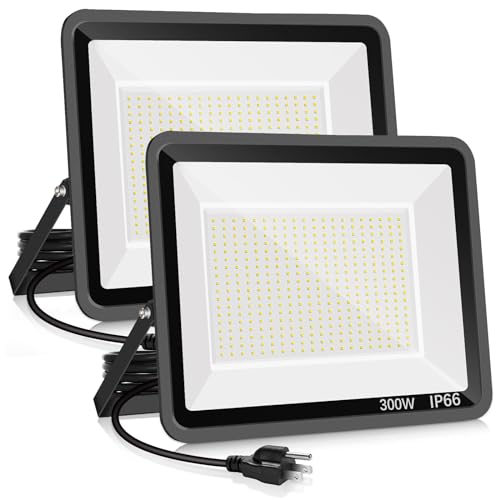 YANYCN 2 Pack 300W Warm White Led Flood Lights Outdoor,3000K Super Bright 43500LM Security Lights with Plug,Exterior IP66 Waterproof FloodLight for Basketball Court, Yard, Garden, Playground - color: 3000K 300W led flood light 2 pack