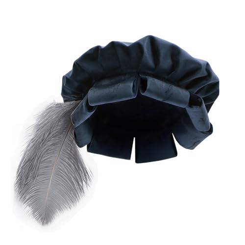 Renaissance Roll Hem Beret for Men Medieval Tudor Slit Hat with Feather Fantasy Costume Accessories - color: Blue