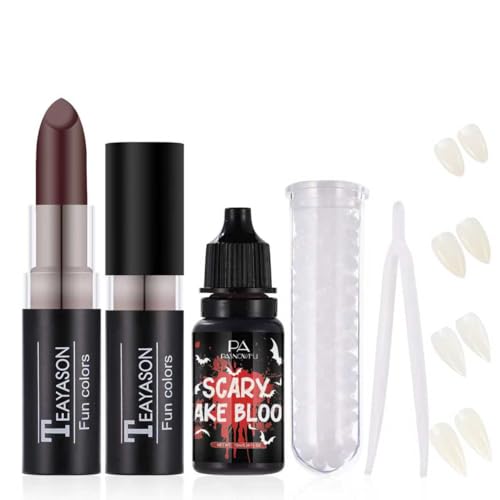 Vampire Makeup SFX Kit - 4 Pairs Fake Fangs Teeth with Adhesive, Realistic Washable Fake Blood, Red Lipstick, Halloween SFX Cosplay Makeup Set for Vampire Costumes , Theatre,Cosplay - color: Red #1