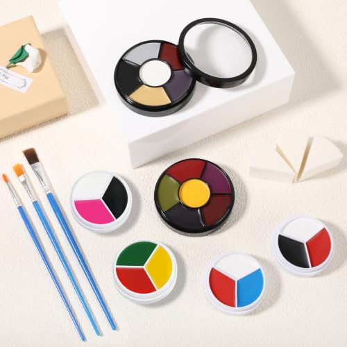 6 Colors Halloween Face Body Paint + 6pc Sponge + 3pc Brush, Yellow Purple Red Green Bruise Wheel for SFX Makeup, Face-Paint Body Paint Halloween Makeup Kit for Zombie Clown Joker Alien Witch Costume - color: Set 03