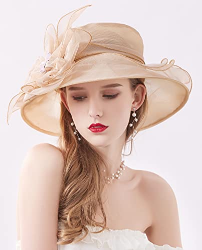 Women Derby Fascinator Hat Organza Church Wedding Hats Wide Brim Cocktail Tea Party Hat - color: 07 Khaki