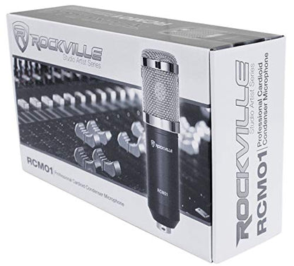 Rockville RCM01 Pro Studio Condenser Microphone, 200 Ohm, Cardioid Pattern, Metal Shock Mount, 30Hz-20kHz Frequency, XLR and 3.5mm Cables, for Vocals and Podcasting | 25mm Diaphragm, Cardioid, 48V Phantom Power, 30Hz-20kHz, 130dB SPL, 10 Ft XLR/3.5mm Cabl