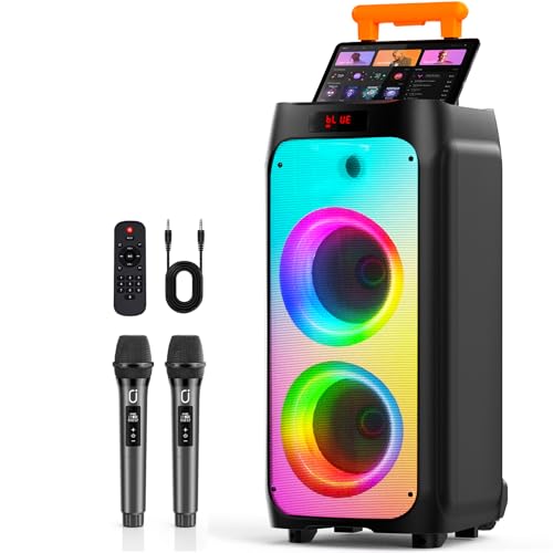 HWWR Karaoke Machine with 2 Wireless Microphones, Big Bluetooth Party Speaker with 500W Peak Power for Adults, PA System with Rolling Wheels and Trolley, Perfect for Outdoor, Home Party, Gatherings - color: BLACK