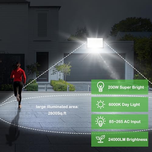 200W LED Flood Light Outdoor, 24000LM Bright Security Light, IP66 Waterproof Outdoor Lights, 5000K Daylight White Floodlight for Garage,Yard,Garden,Stadium,Playground,Arena(2 Pack) - size: 200w-2pack