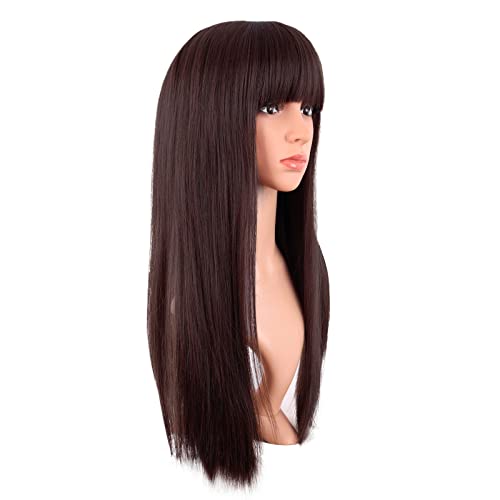 MapofBeauty 24 Inch Long Straight Flat Bangs Party Cosplay Wig, Dark Brown | 60 cm Synthetic Hair Wig, Heat Resistant, Women - color: Dark Brown