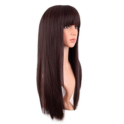 MapofBeauty 24 Inch Long Straight Flat Bangs Party Cosplay Wig, Dark Brown | 60 cm Synthetic Hair Wig, Heat Resistant, Women - color: Dark Brown