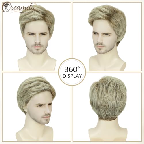 Creamily Mens Short Blonde Wigs Blonde Mixed Brown Male Wig Layered Natural Short Wigs for Men Daily Wear Halloween Party Cosplay - color: I-Light Ash Blonde