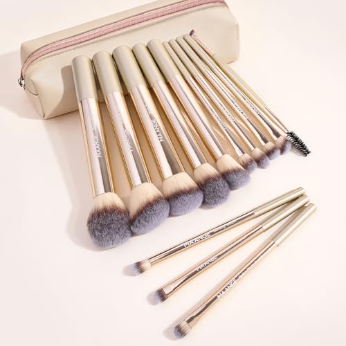 MAANGE 13 PCS Makeup Brushes Professional Make Up Brushes Premium Synthetic Powder Concealers Brushes Travel Makeup Brush Set with Case (Champagne) - color: Champagne