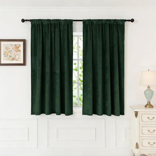 nanbowang Dark Green Velvet Curtains - 42 Inches Width 63 Inches Long Soft Curtain Rod Pocket Thermal Insulated Window Treatment for Bedroom 2 Panels - color: Dark Green, size: 42"W x 63"L (Pack of 2)