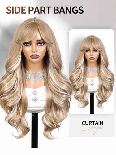 WIGER Long Wavy Hair With Bangs Flaxen Mix Blonde Curly Wigs | 26 Inch Synthetic Layered Wavy Hair for Women Daily or Halloween Cosplay Party Wigs - color: Blonde Highlight