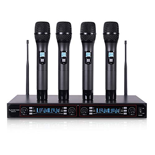Sound Town 200-Channel Rack Mountable Professional Adjustable UHF Wireless Microphone System with Metal Receiver and 4 Handheld Mics (NESO-U4HH) - color: Matte Black