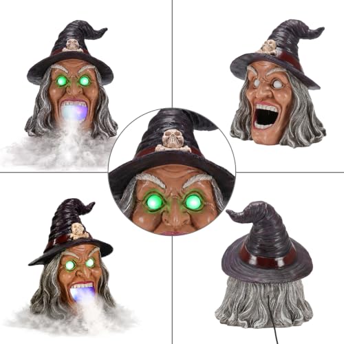 Wicked Witch Head Halloween Statue with Mist Maker, Add Water Smoking Prop with LED Green Eyes, Hand-Painted Faux Marble Resin Spooky Entryway Centerpiece - color: Witch Fog Light Decor