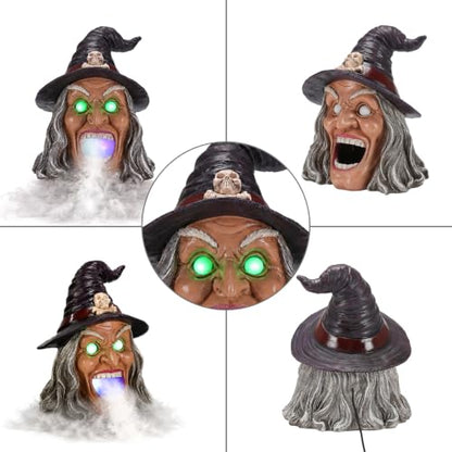 Wicked Witch Head Halloween Statue with Mist Maker, Add Water Smoking Prop with LED Green Eyes, Hand-Painted Faux Marble Resin Spooky Entryway Centerpiece - color: Witch Fog Light Decor