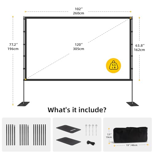 120 inch Outdoor Projector Screen with Stand, Portable Projector Screen | 16:9 4K HD Lightweight Movie Screen, With Carry Bag, 160° Ultra Wide Viewing Angle, Adapts Any Indoor or Outdoor Activity