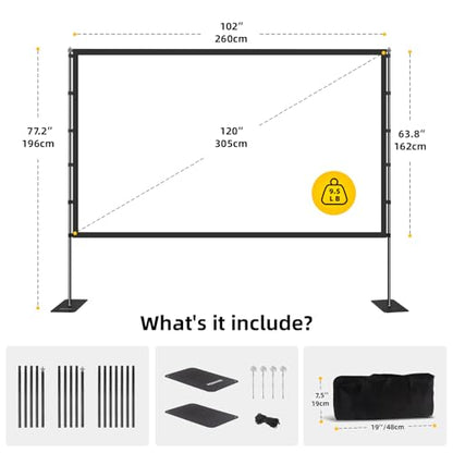 120 inch Outdoor Projector Screen with Stand, Portable Projector Screen | 16:9 4K HD Lightweight Movie Screen, With Carry Bag, 160° Ultra Wide Viewing Angle, Adapts Any Indoor or Outdoor Activity