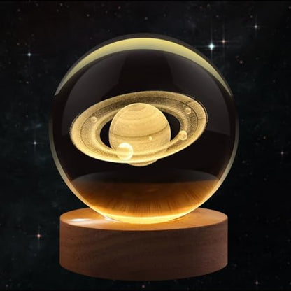Flexzion 3D Saturn Crystal Ball Night Light - LED Light Hologram Glass Lamp with Solid Wood Base, USB Powered Crystal Ball Lamp with Adjustable Brightness for Home Decor Display Gift, 2.4inch(60mm) | Saturn Lamp with Solid Beech Wood Base and Adjustable B