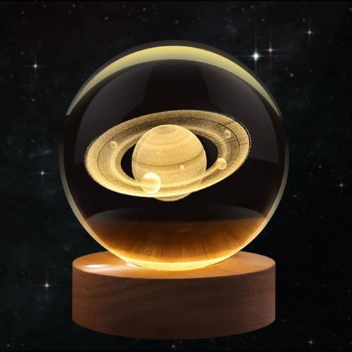 Flexzion 3D Saturn Crystal Ball Night Light - LED Light Hologram Glass Lamp w/Solid Wood Base, USB Powered Crystal Ball Lamp w/Adjustable Brightness for Home Decor Display Gift, 3.15 inch (80mm) | Saturn Lamp with Solid Beech Wood Base and Adjustable Brig
