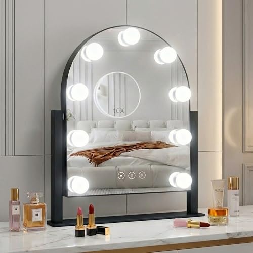Arched Makeup Vanity Mirror with Lights,10X,Black,14.17"x11.81" - color: Black, size: 14x12-9 Bulbs