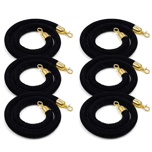 6-Pack Black Velvet Stanchion Ropes, 5ft Crowd Control Barrier with Gold Hooks for Events, Parties, Weddings, Hotels, Movie Theaters, Red Carpet Openings