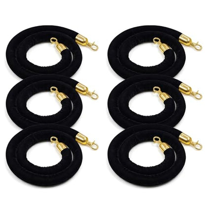 6-Pack Black Velvet Stanchion Ropes, 5ft Crowd Control Barrier with Gold Hooks for Events, Parties, Weddings, Hotels, Movie Theaters, Red Carpet Openings
