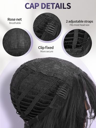 WIGER Black Long Wavy Hair With Bangs, Layered Synthetic Curly Wig Black Wig for Women Daily Party Use, No Lace Cosplay/Music Festival/Carnival/Valentine's Day Wigs - color: Black