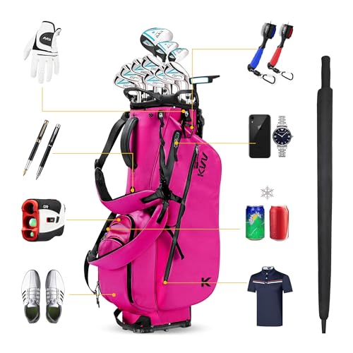KVV Lightweight Golf Stand Bag with 7 Way Full-Length Dividers, 5 Zippered Pockets, Automatically Adjustable Dual Straps，Elegant Design - color: Shocking Pink