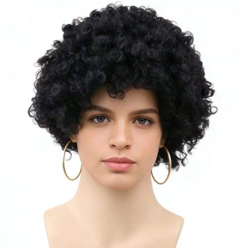 Funny Wigs for Women Men Black Crazy Clown Wigs Fans Wig Short Afro Curly Costume Wig for Halloween Parties Cosplay Stage Performance Christmas Party Wig(Large Size,Black) - color: Black, size: Large Size