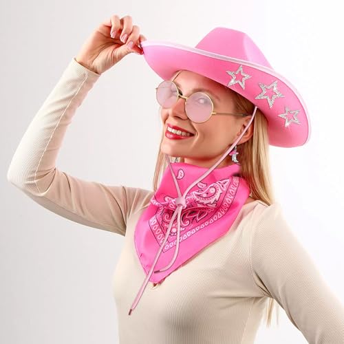 GIFIKOI Cowgirl Outfits Star Cowboy Hat Sparkly Boots Earrings Bandana Sunglasses for Women Western Costume Accessories - color: Pink